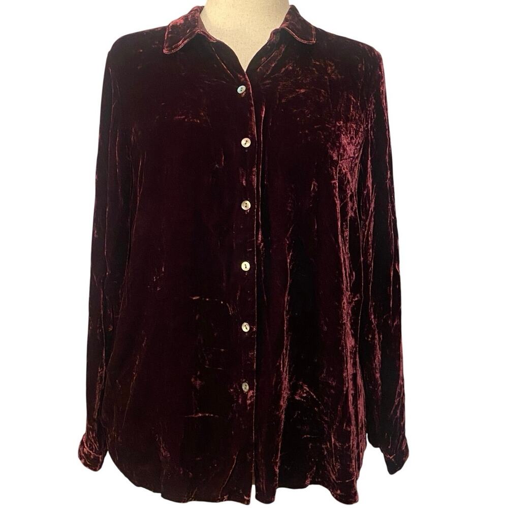 J. Jill Women's Top, Maroon, Size S, Buttoned Down, Long Sleeve, Velour Blend